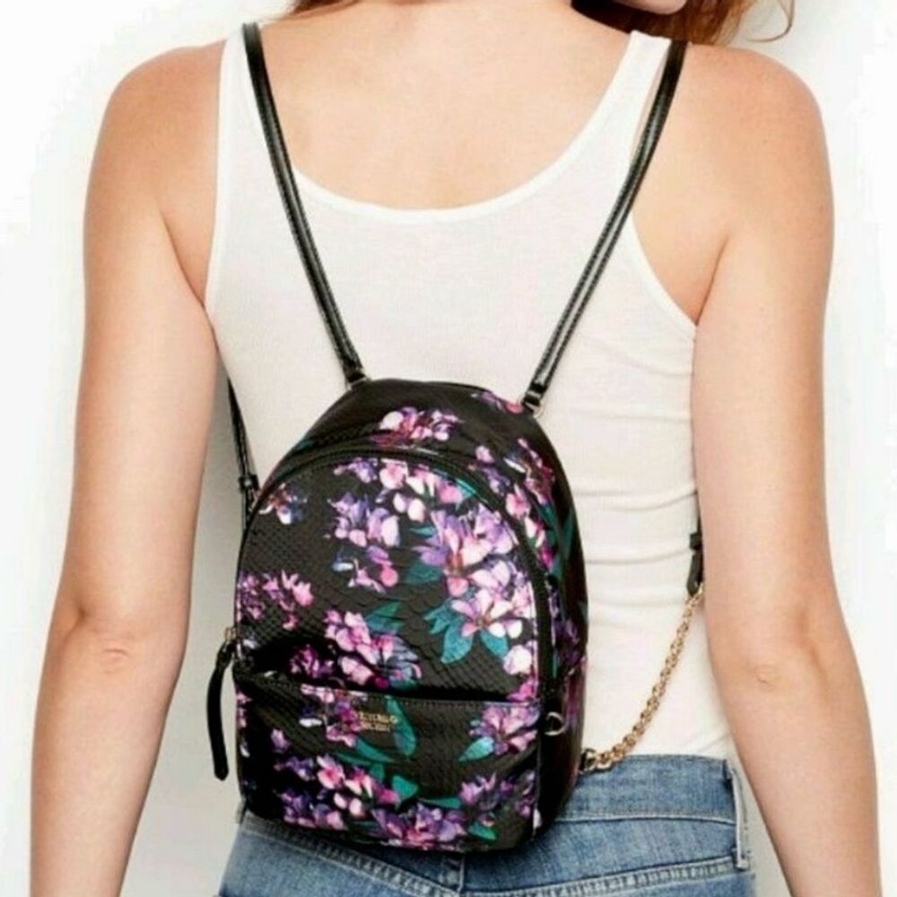 Victoria's Secret Mini Backpack Black Purple Pink Floral Pattern